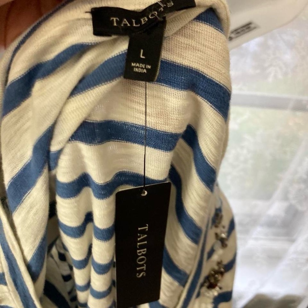 Talbots Blue and white striped long sleeve top with beaded neckline  L NWT - Picture 3 of 3